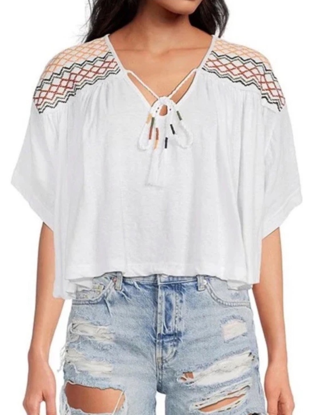 Free People Market Embroidered White Tassel Top Boho Cottagecore Women’s XS